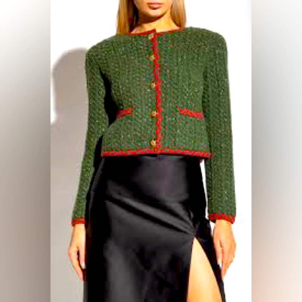 Elegant Green Tweed Jacket with Red Accents